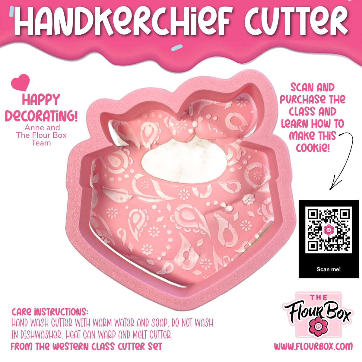 Pink silicone handkerchief cookie cutter shaped like a cat with white paisley and floral patterns