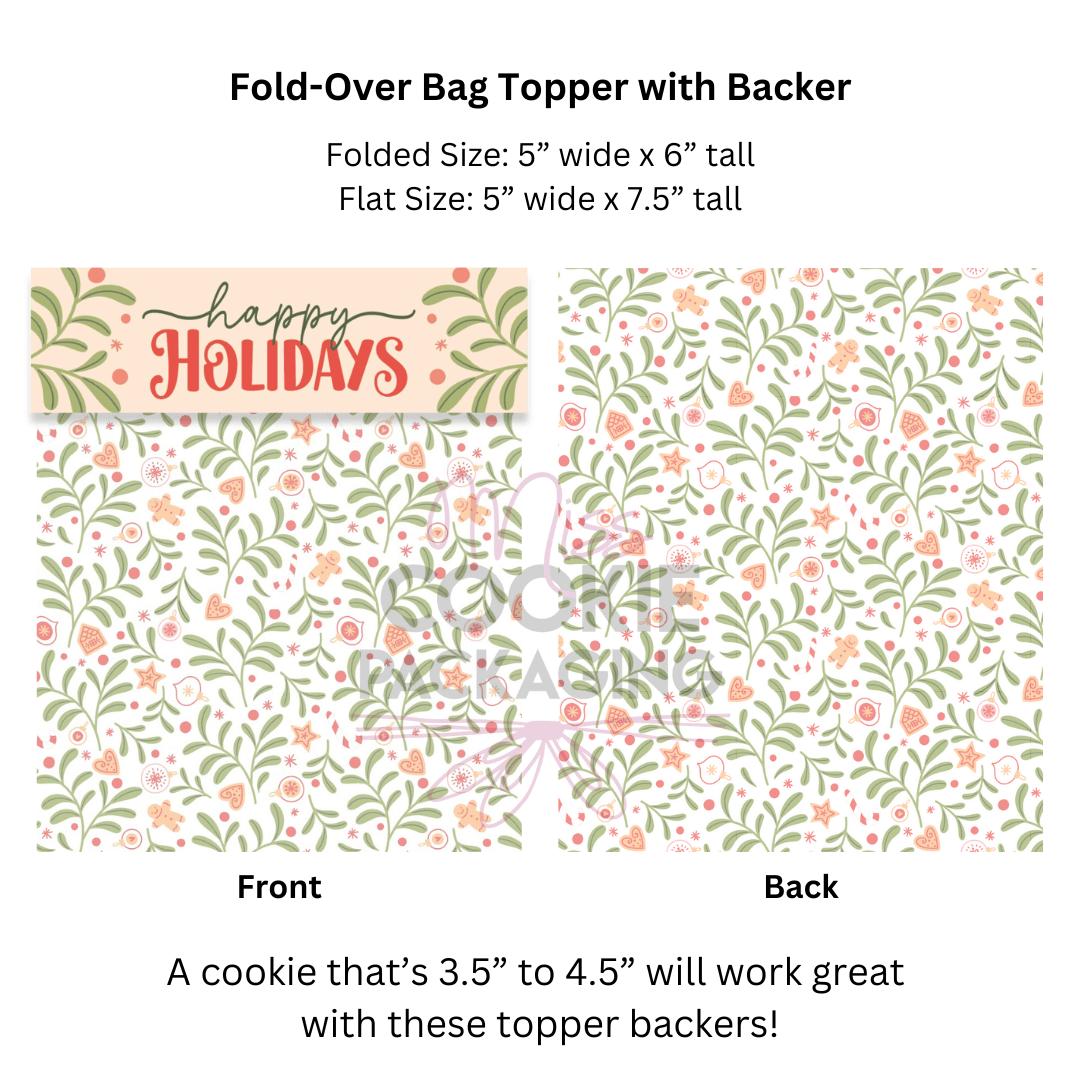 Happy holidays fold-over bag topper with green and peach floral pattern on front and white backer qty 25