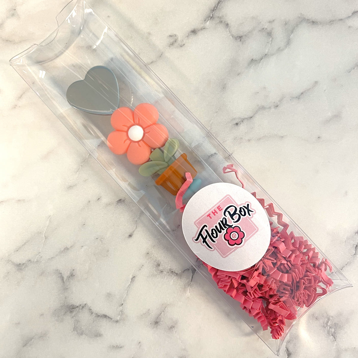 Flour box club happy daisy cookie scribe pink and orange silicone flower utensil set with heart-shaped metal spoon in clear package