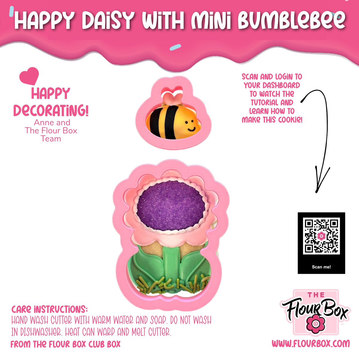 Happy daisy with mini bumblebee fondant cookie cutter set featuring pink and green daisy with purple glitter center
