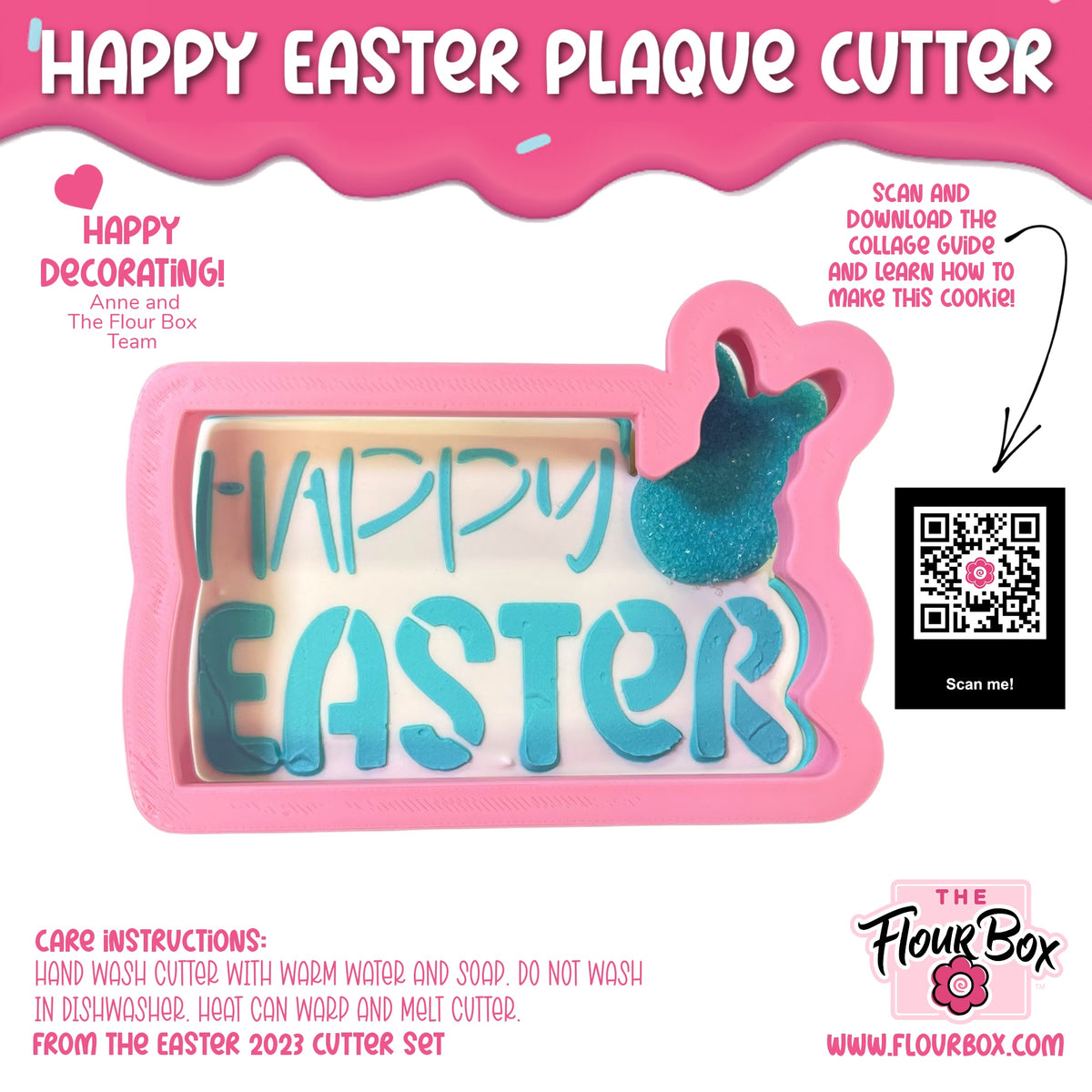 Pink silicone happy easter plaque cookie cutter with teal lettering and glittery blue bunny stencil design