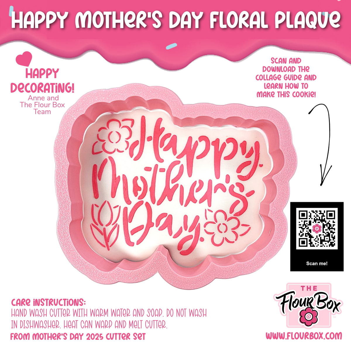 Pink floral plaque cookie cutter with happy mothers day script and decorative flowers with stencil for cake design