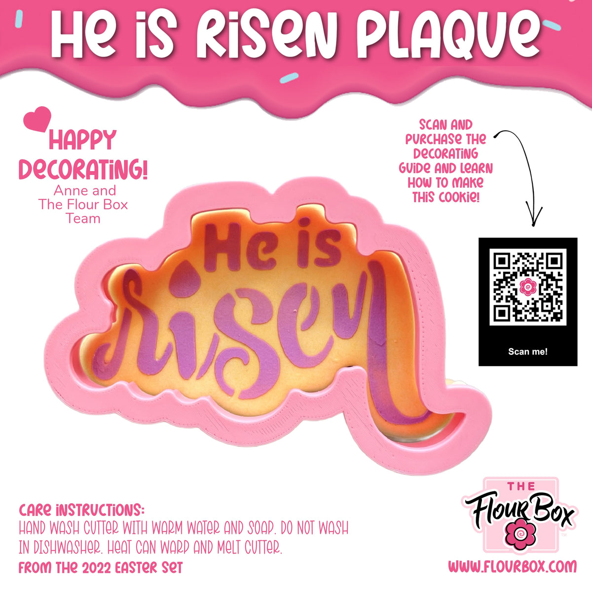 Pink silicone cloud-shaped cookie cutter with he is risen gradient orange and purple icing stencil only