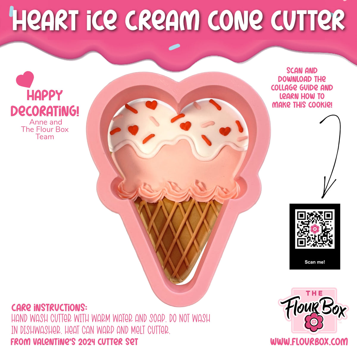 Heart ice cream cone cookie cutter with pink heart shape, waffle-textured base, and pink frosting scoops with red sprinkles