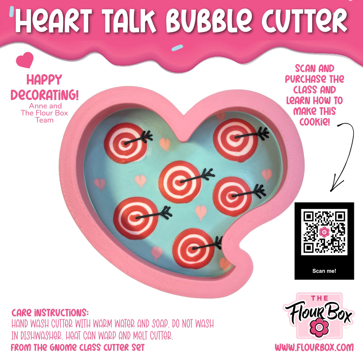 Heart talk bubble cookie cutter pink heart shaped metal cutter with teal interior and red white target design topped with arrows