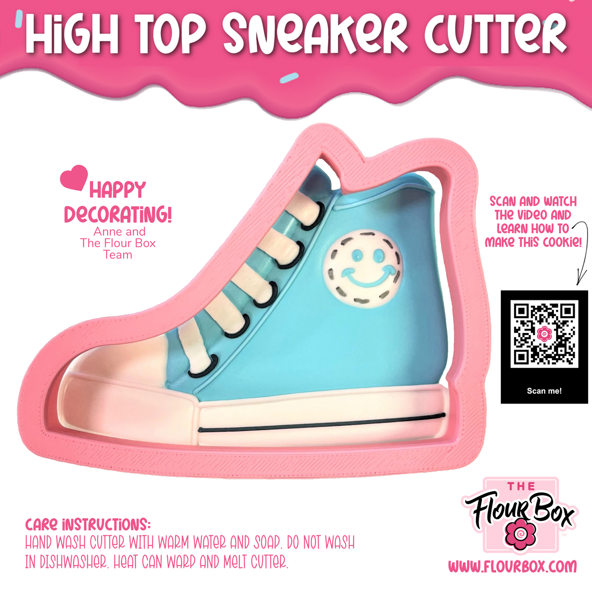 High top sneaker cookie cutter in pink with light blue cookie design white laces and smiling face patch