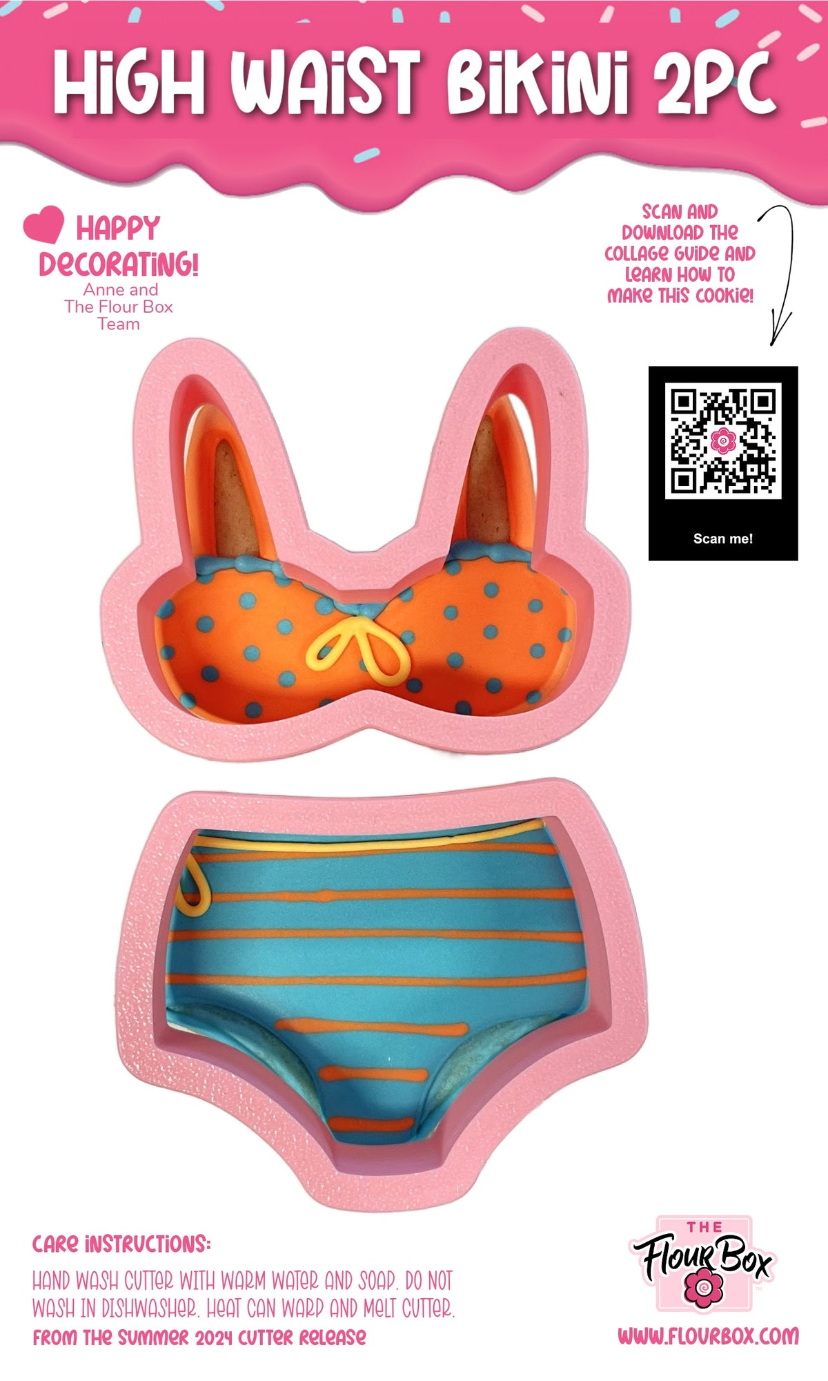 High waist bikini 2pc cookie cutter set featuring an orange polka dot silicone mold top with yellow bow and teal striped bottom
