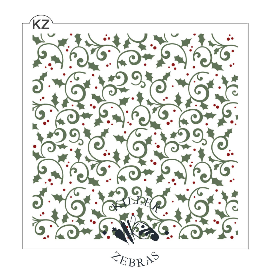 A square green holly leaf and red berry stencil with swirling vines by kz zebras for detailed holiday crafts