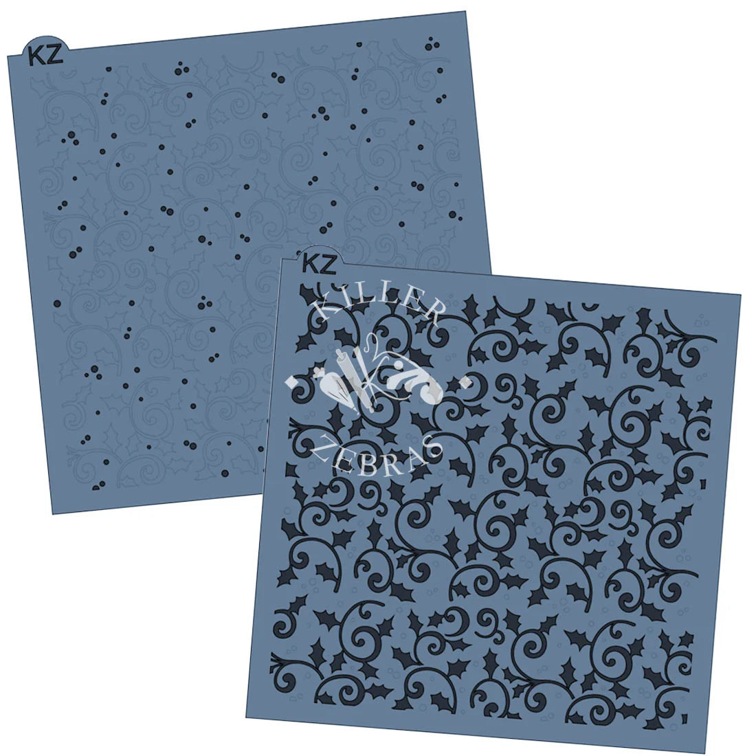 Blue plastic holly filigree 2pc KZ stencil with black cut-out holly leaf and swirl patterns featuring killer zebra logo