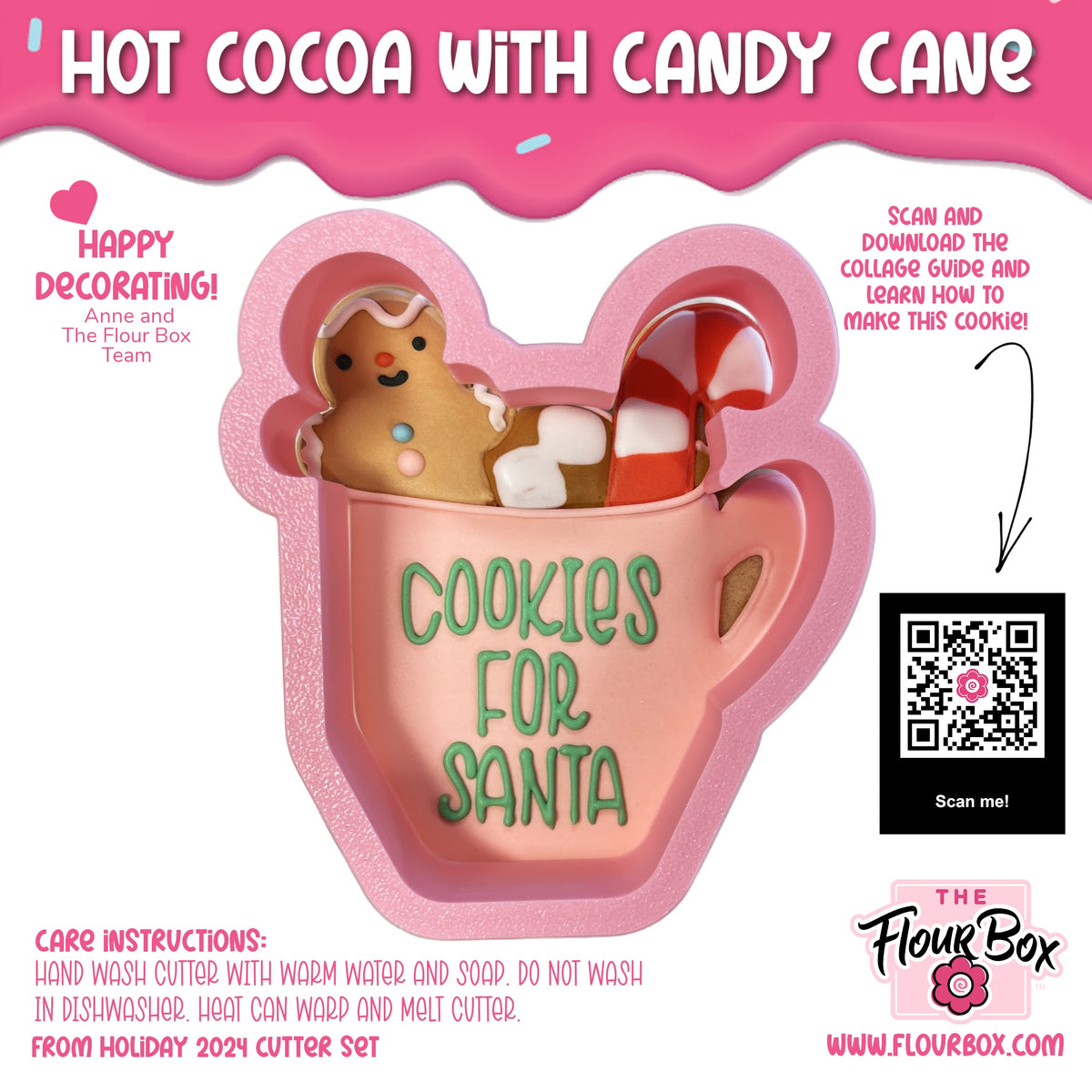 Pink silicone hot cocoa with candy cane cookie cutter shaped like a mug with green cookies for santa lettering and gingerbread man