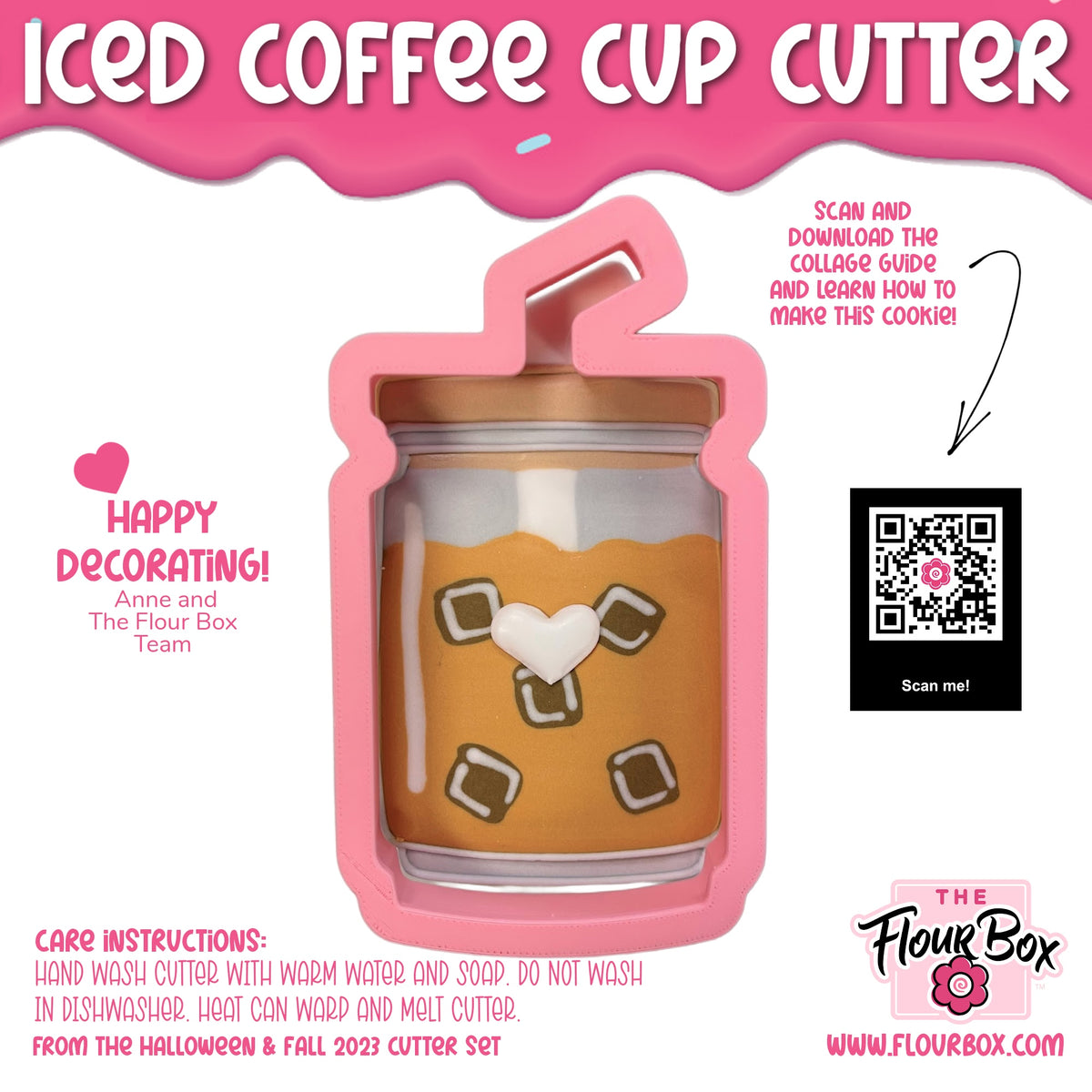 Pink silicone iced coffee cup cookie cutter with brown lid and orange liquid design for baking and crafting