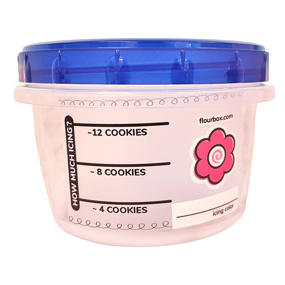 Pink plastic cookie icing measuring cup with blue lid and floral design from flour box icing storage container set of 5