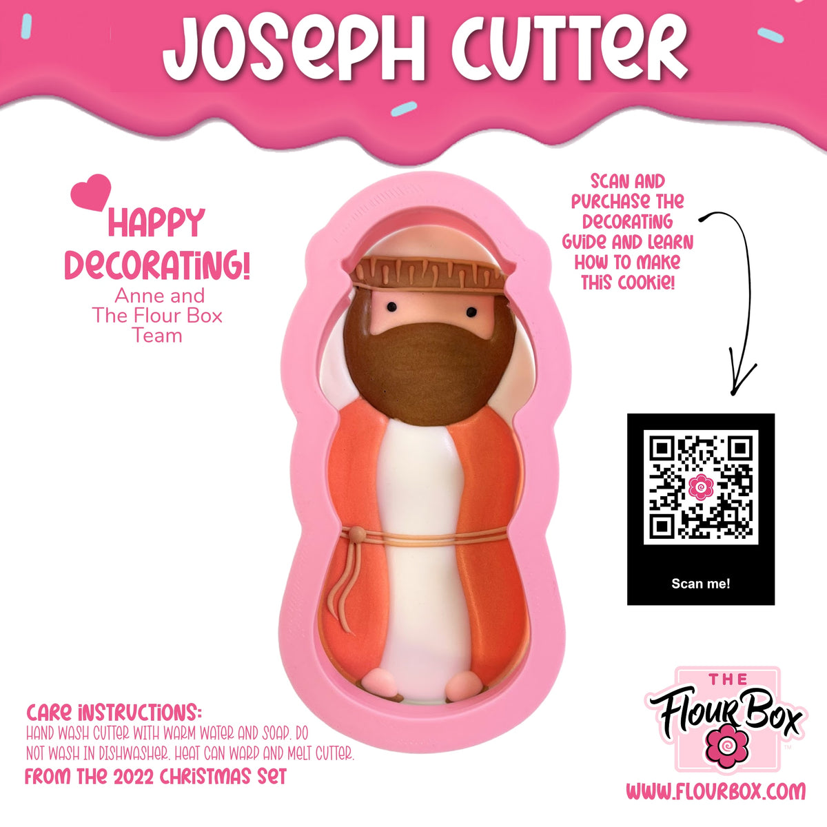 Pink silicone joseph cookie cutter with orange robe, white trim, and brown beard for nativity baking use