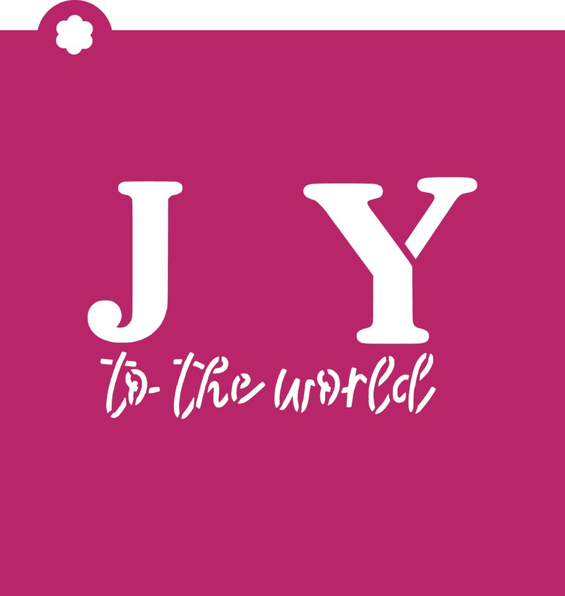 Joy with wreath cookie cutter with stencil set featuring bold white jy and cursive to-the-world on magenta background