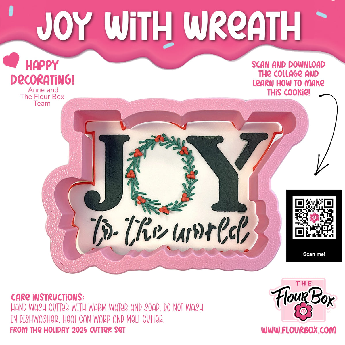 Pink silicone cookie cutter shaped like the word joy with green wreath red berries design and black lettering stencil