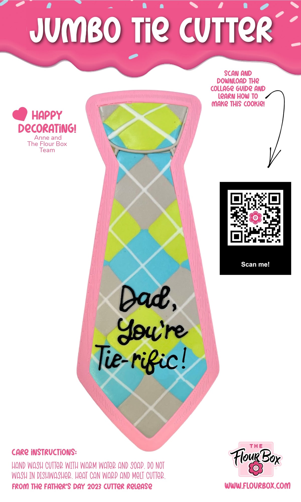 Jumbo tie cookie cutter with pink edges featuring a lime green light blue gray argyle pattern and dad you are tie-ric text