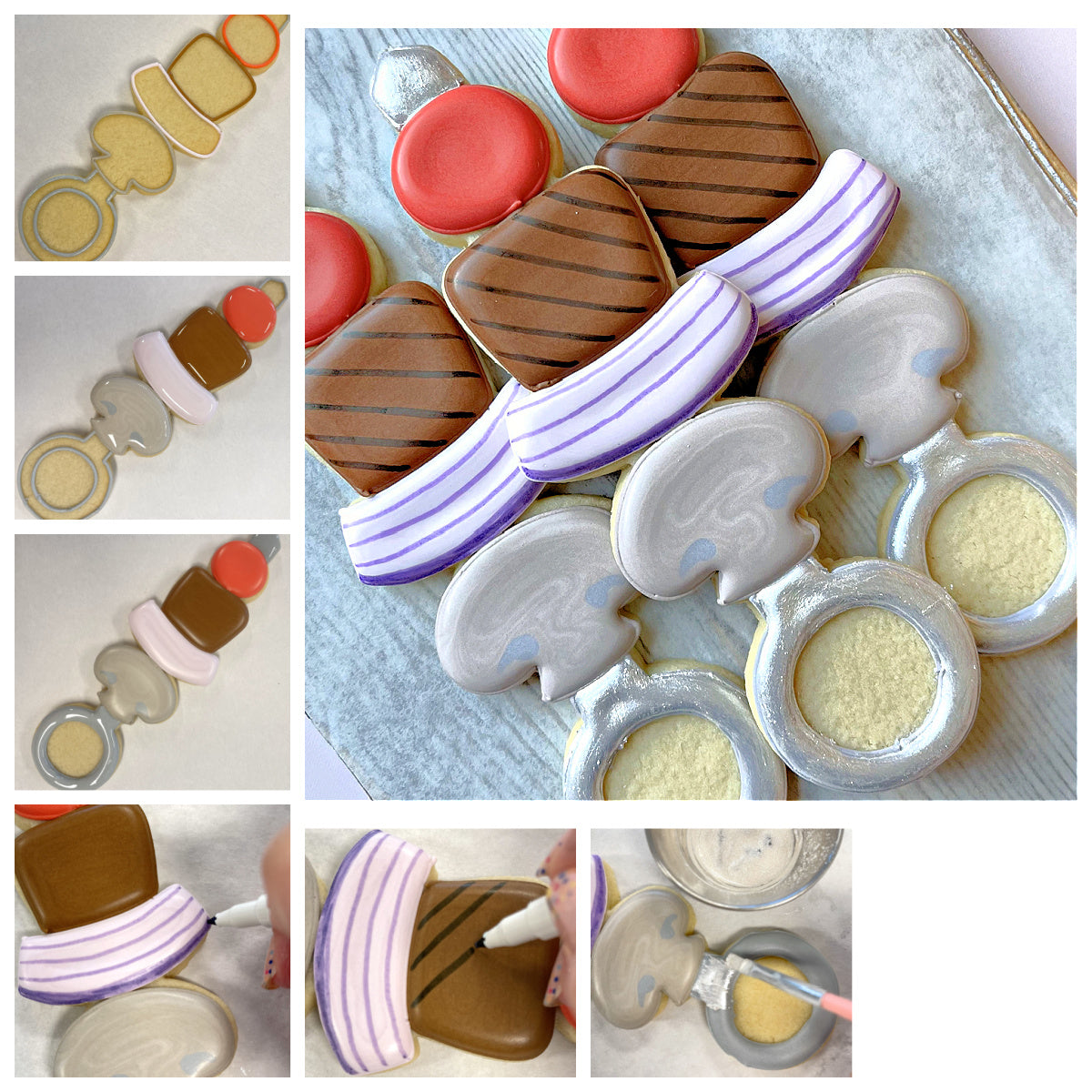 Delicate, intricately decorated kabob large sugar cookies shaped like barbecue skewers with alternating meat and vegetable slices