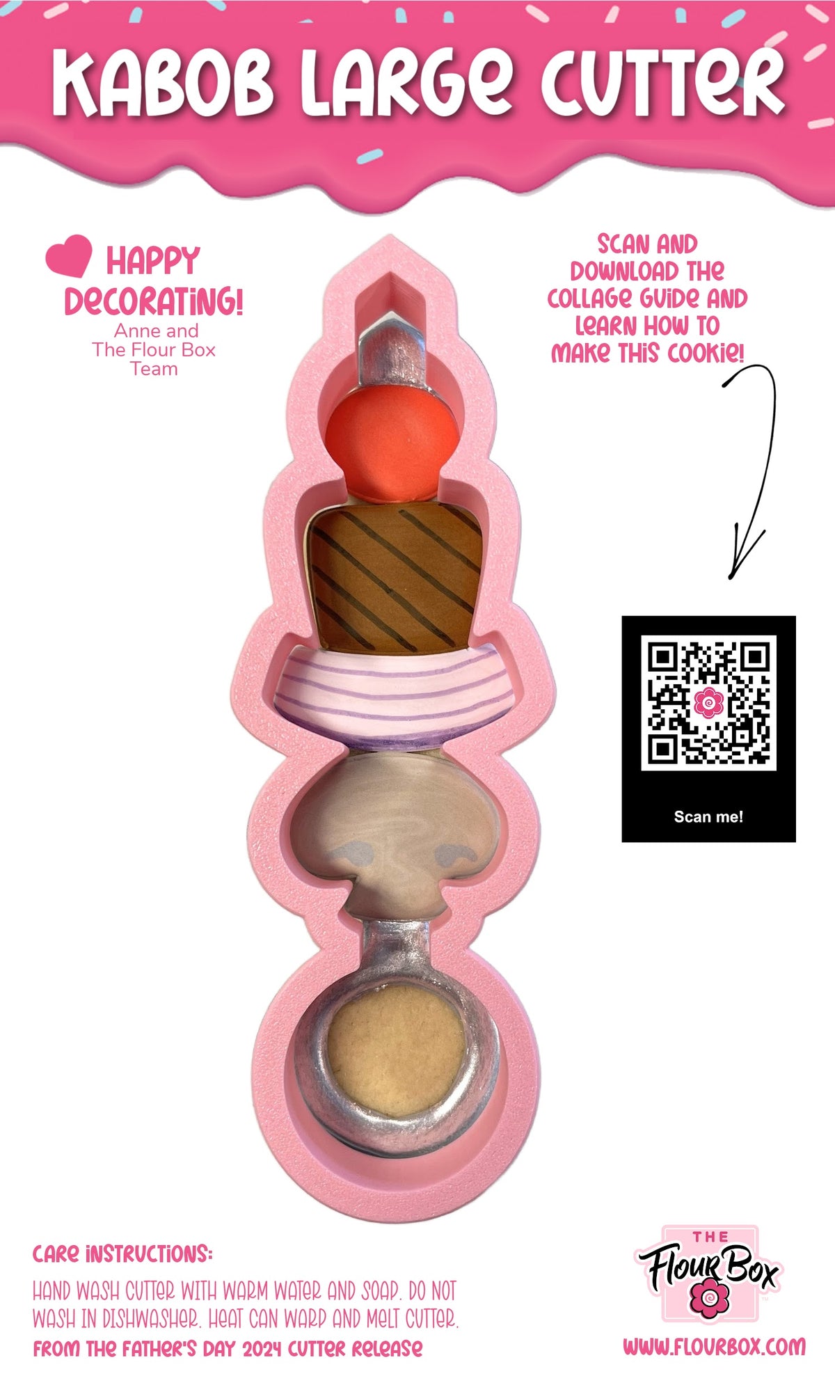 Pink silicone kabob large cookie cutter with tiered sections and colorful red and brown dessert skewer designs