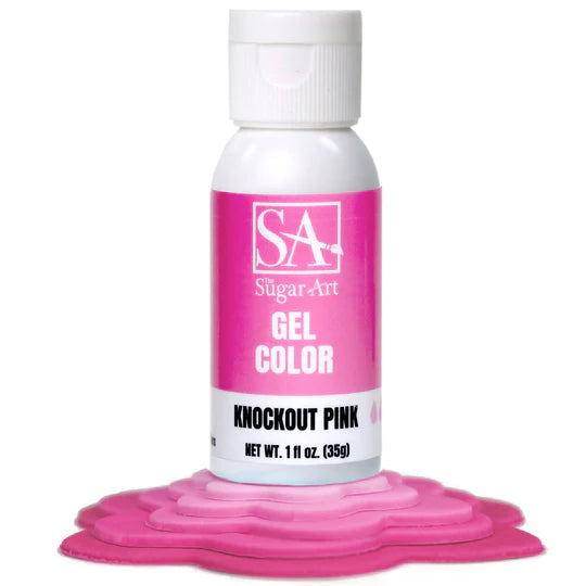 A vibrant pink gel color bottle from sugar art with a white cap and bold black text labeled knockout pink