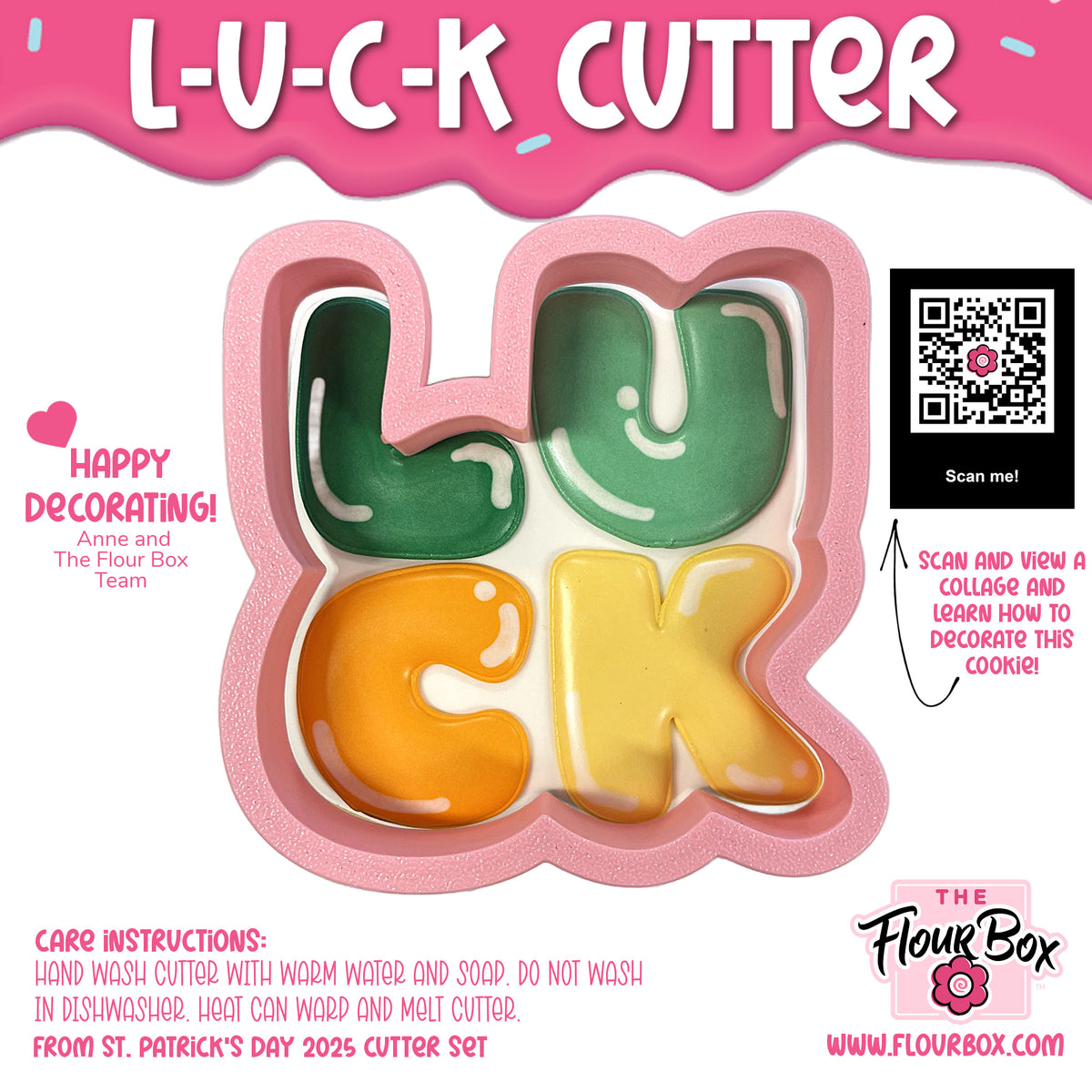 Pink silicone cookie cutter shaped like the word luck with green and yellow lettering for baking use