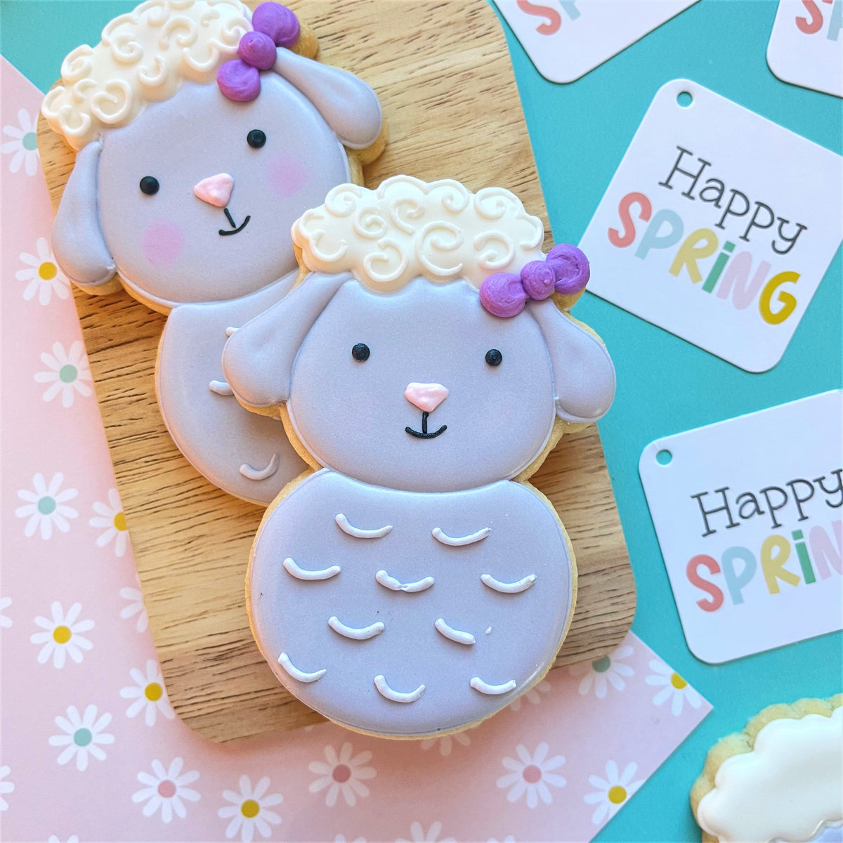 Two intricately decorated lamb roly poly flour box club sugar cookies with gray icing and purple bows on white wool tops