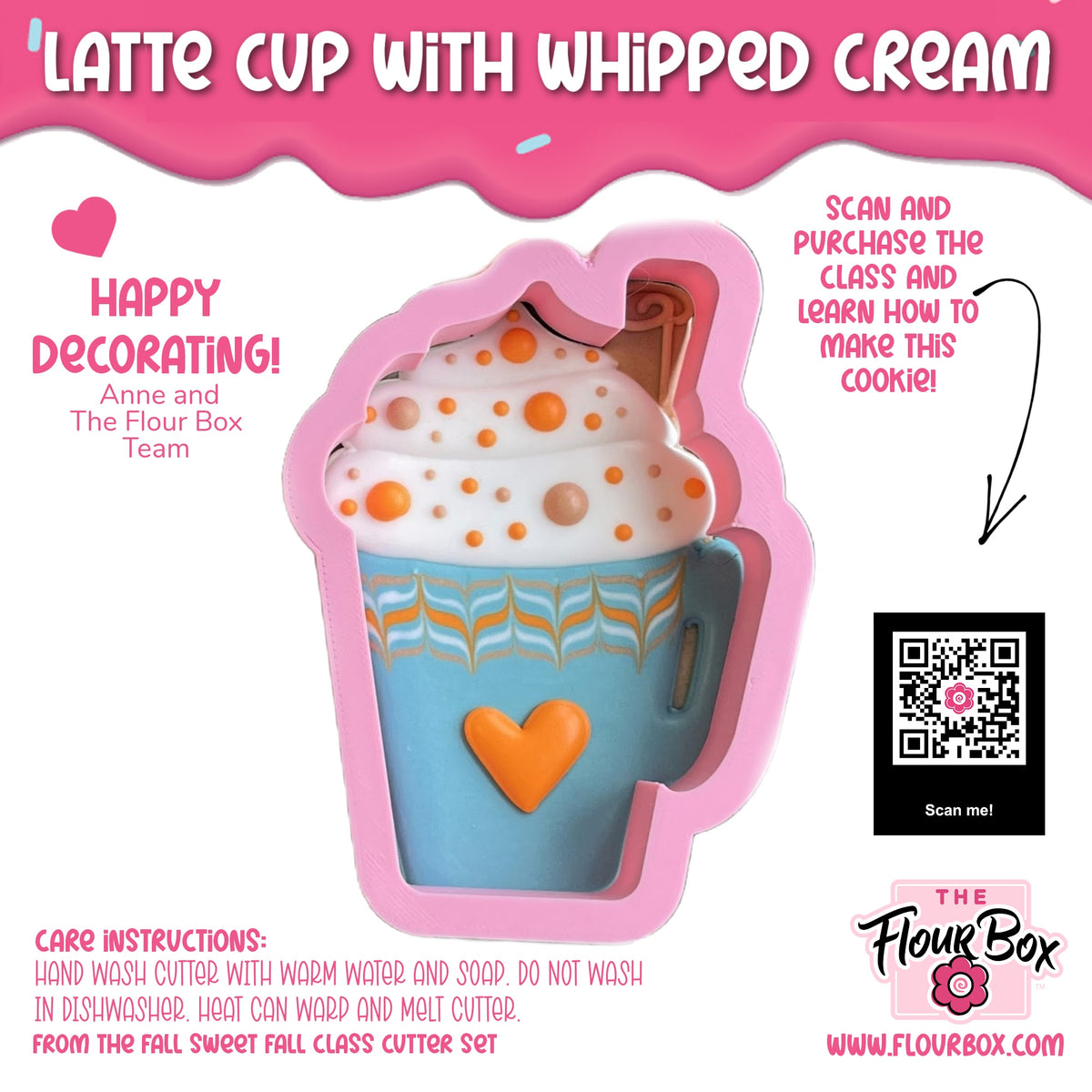 A pink silicone latte cup cookie cutter with whipped cream featuring a light blue zigzag pattern and orange heart