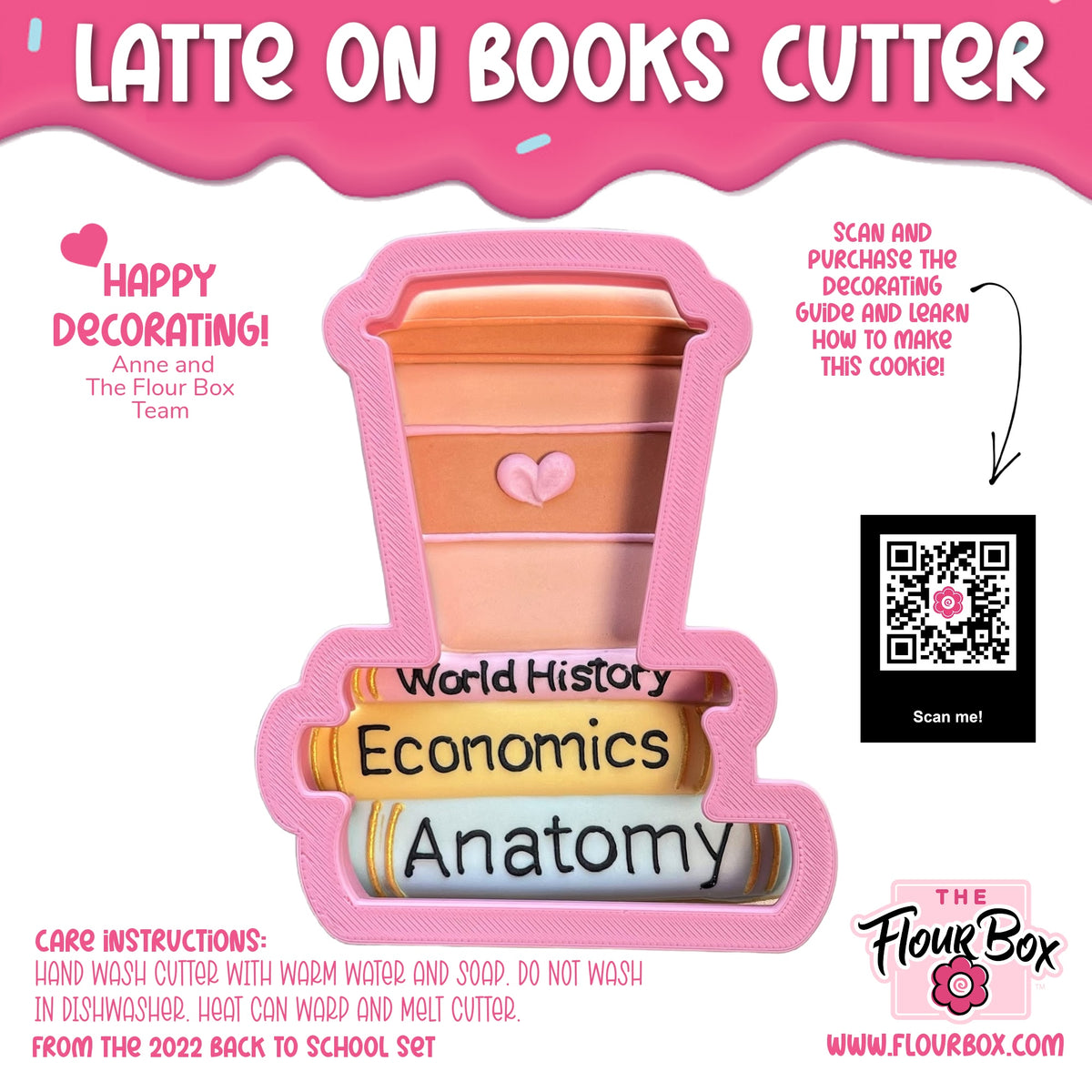 Pink plastic cookie cutter shaped like a latte cup with three stacked books labeled world history economics and anatomy inside