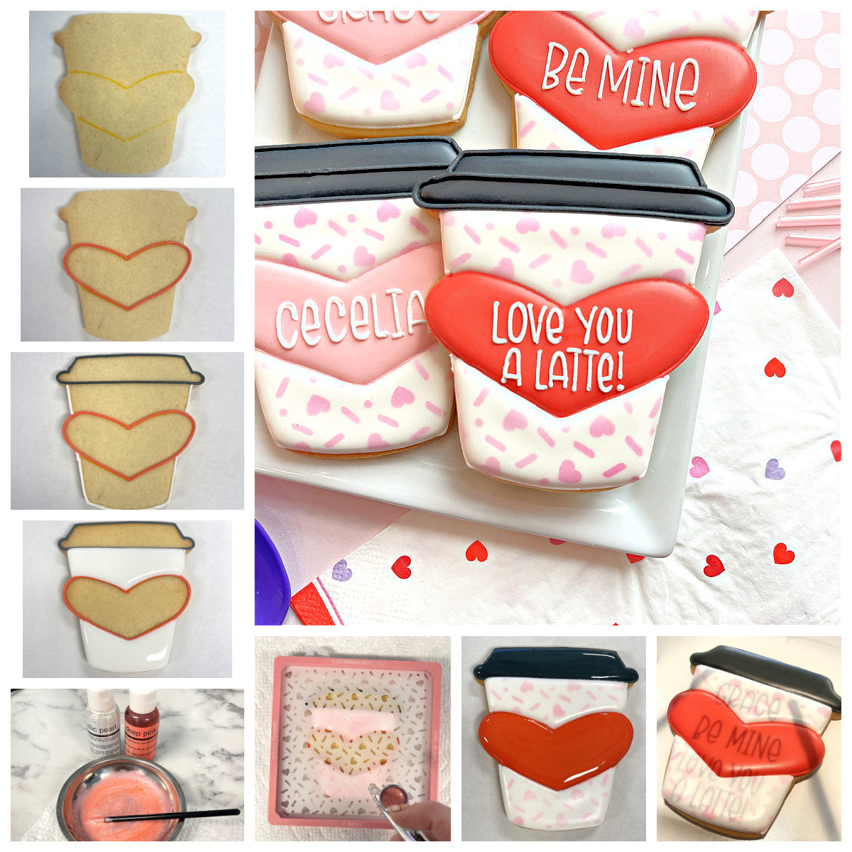 Valentines day sugar cookies shaped like coffee cups with red hearts white icing and personalized messages latte heart cookie cutter bundle