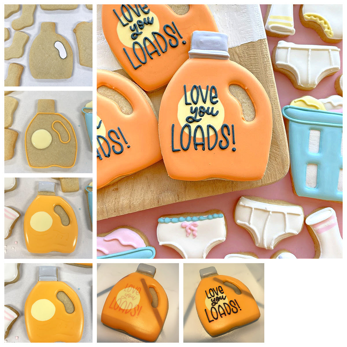 Orange frosted cookie shaped like a laundry detergent bottle with love you loads written in black icing using a laundry detergent cookie cutter