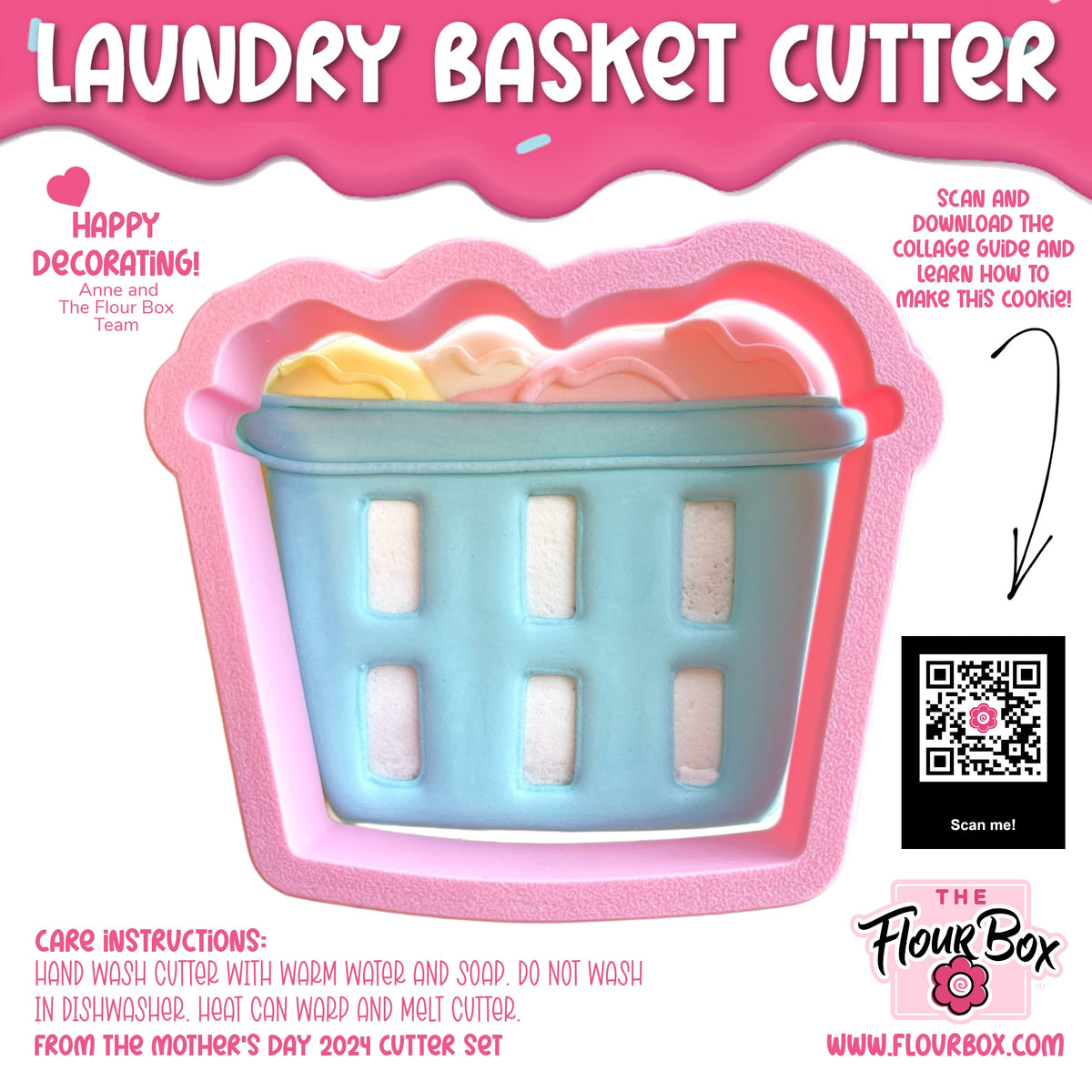 Pink and blue plastic laundry basket cookie cutter with handle designed to cut out cookie shapes