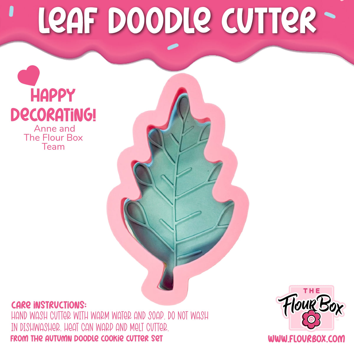 Teal leaf doodle cookie cutter with pink silicone border designed for autumn-themed crafting decorations