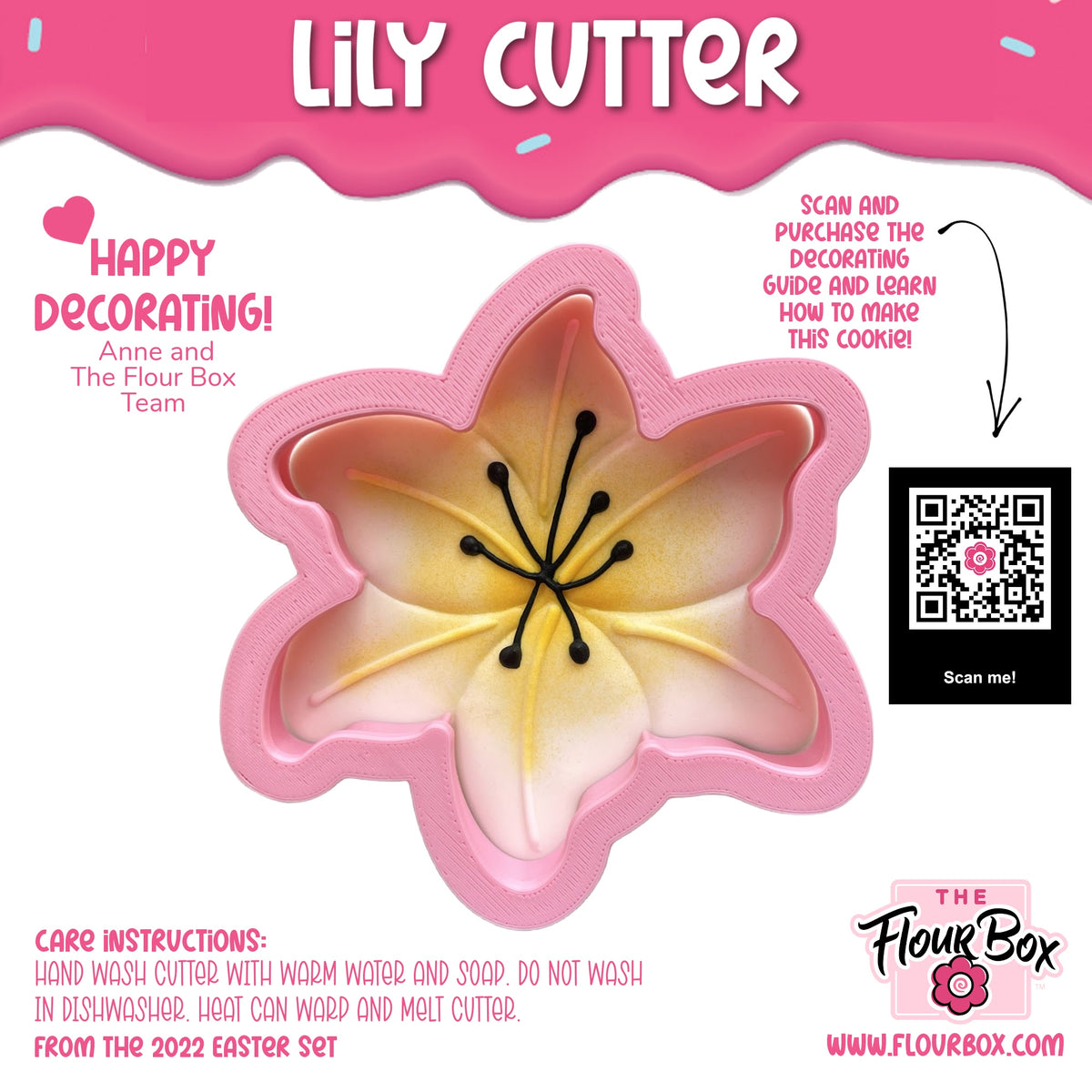 Delicate white and yellow plumeria shaped cookies with black piped centers arranged on a wooden board using lily cookie cutter