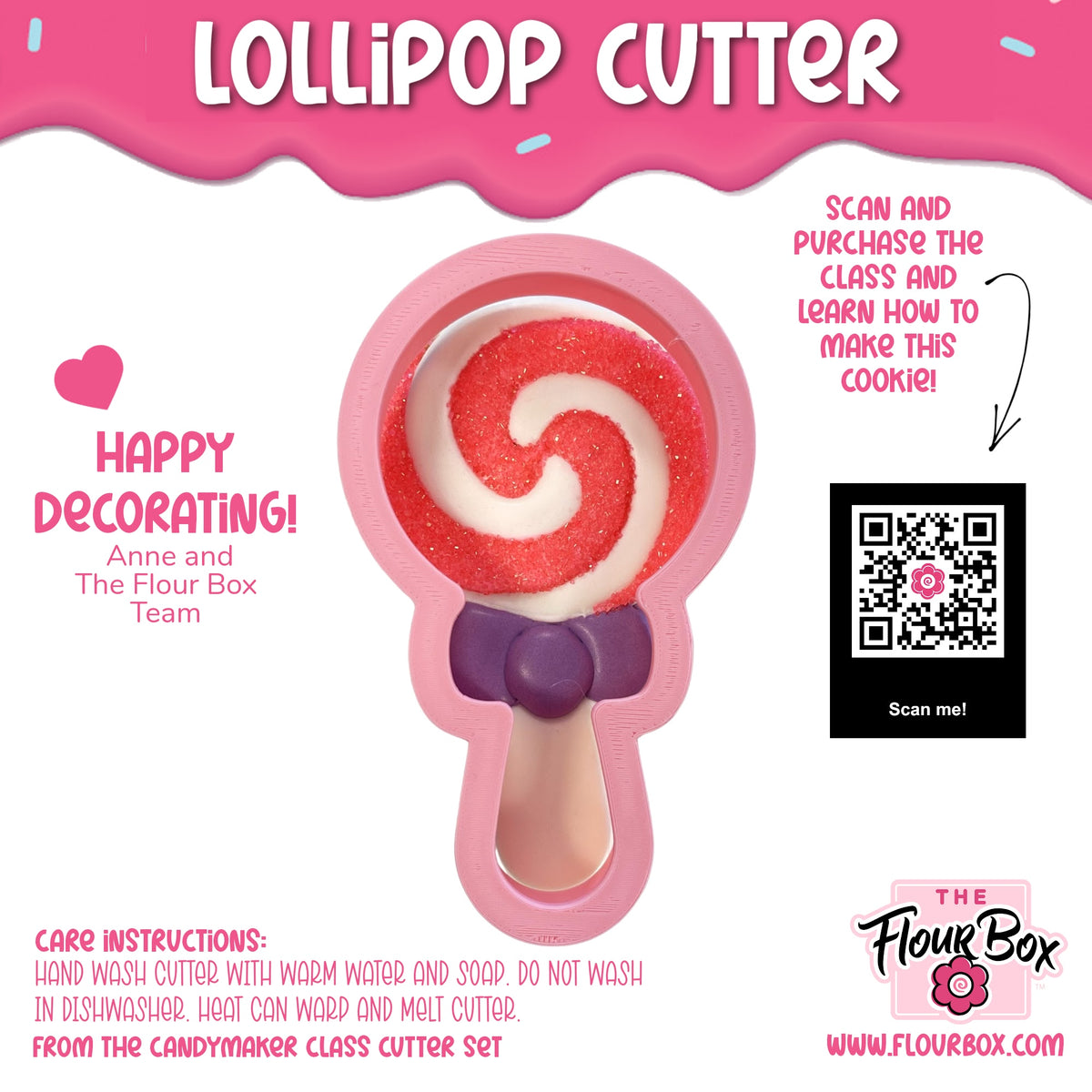 Pink lollipop cookie cutter with red and white swirl design purple bow detail and handle for easy gripping