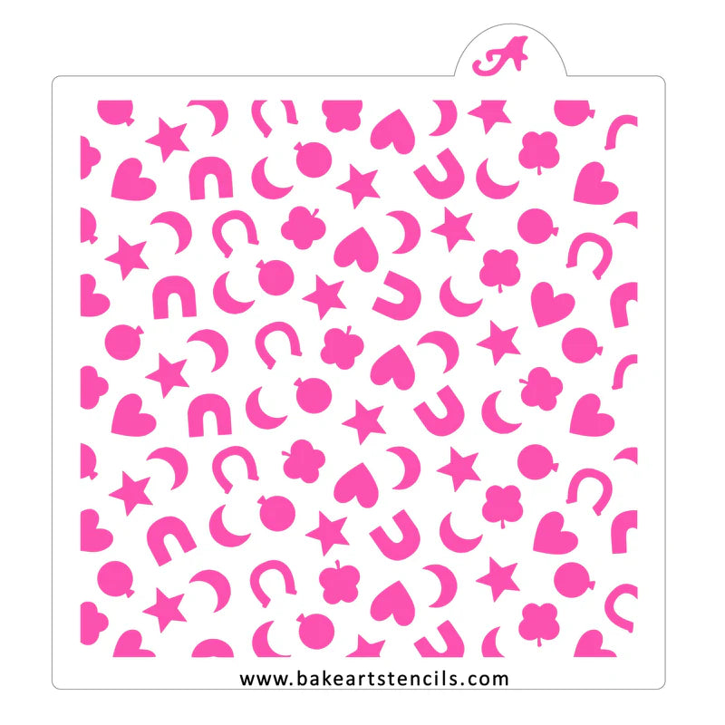 Pink silicone baking stencil with lucky marshmallows pattern of hearts stars horseshoes clovers and moons