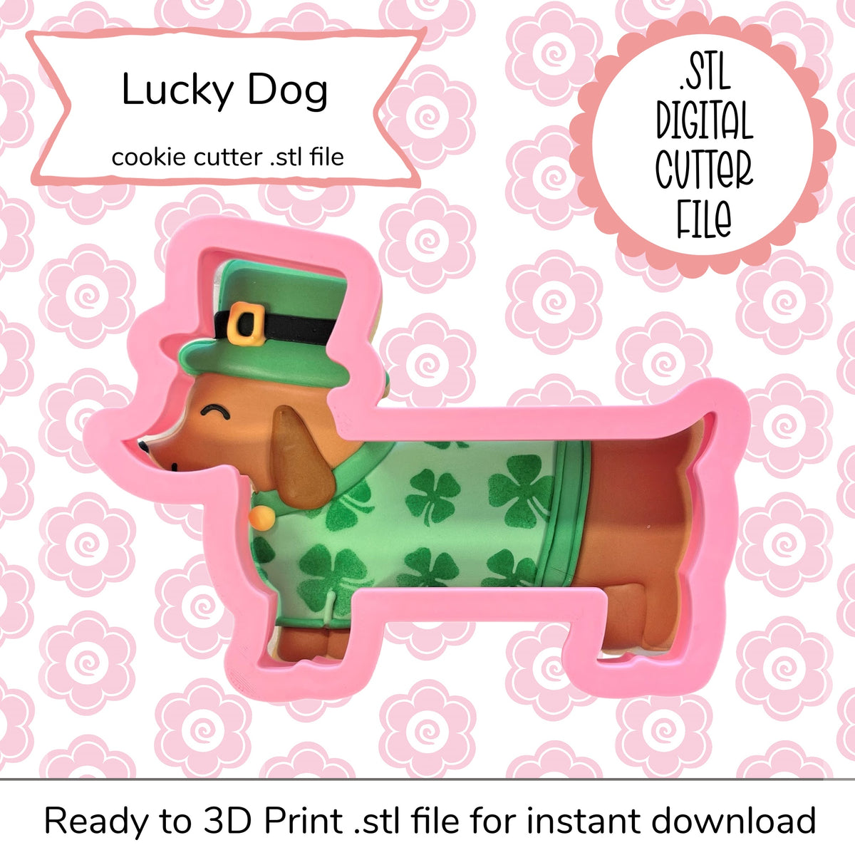 Pink plastic cookie cutter shaped like a dachshund wearing a green leprechaun hat and shamrock patterned shirt digital file