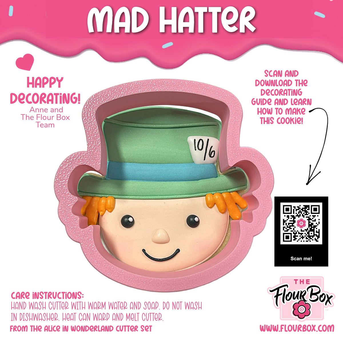 Pink mad hatter cookie cutter shaped like alice in wonderland character with green top hat and smiling face