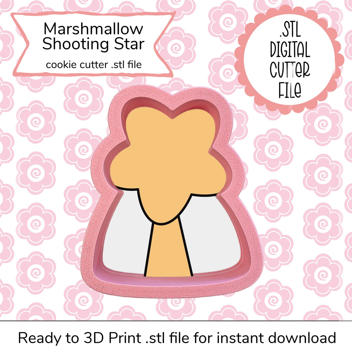 Pink and white marshmallow shooting star cookie cutter with yellow center STL file for baking and crafting designs
