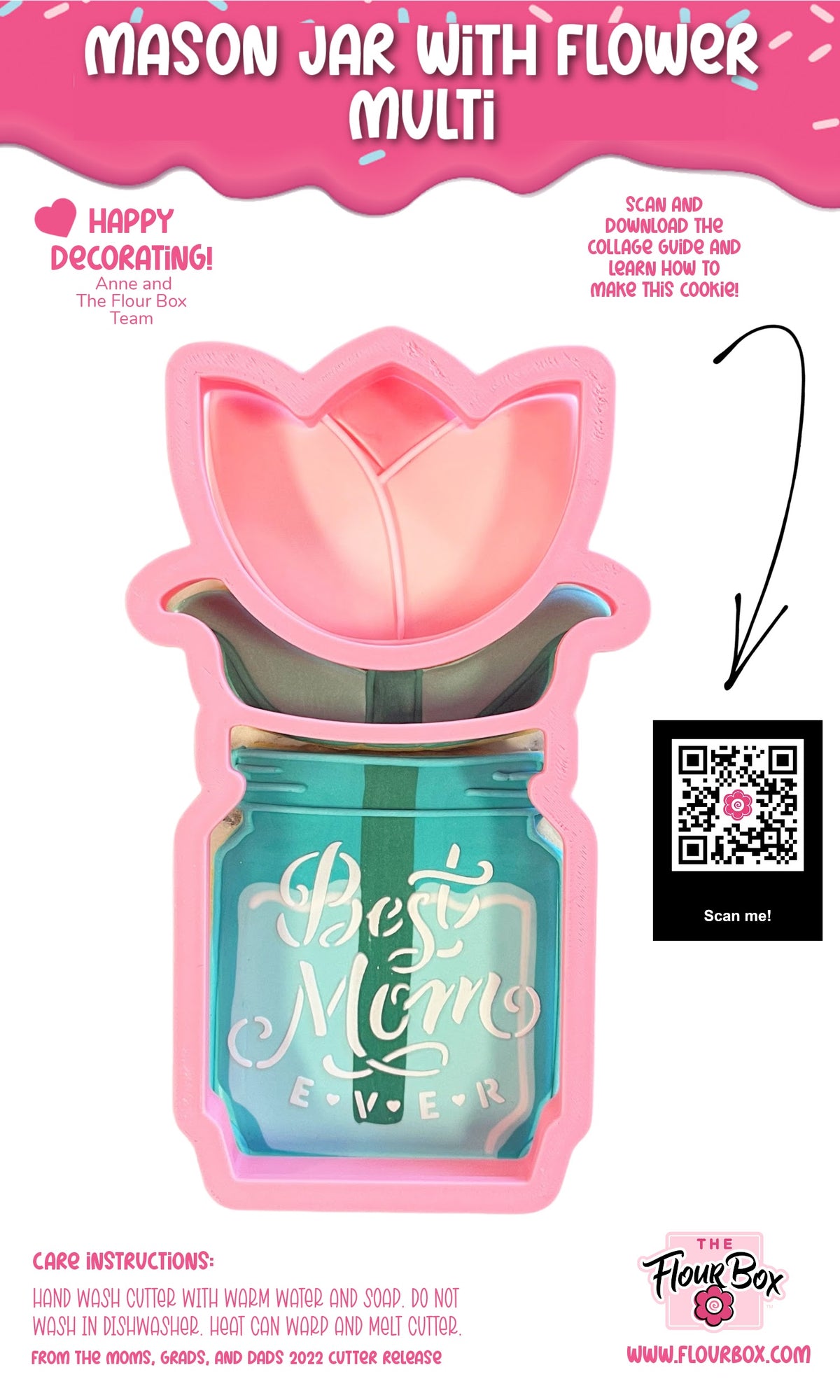 Pink tulip-shaped cookie cutter with teal mason jar insert featuring best mom ever in white cursive script for baking