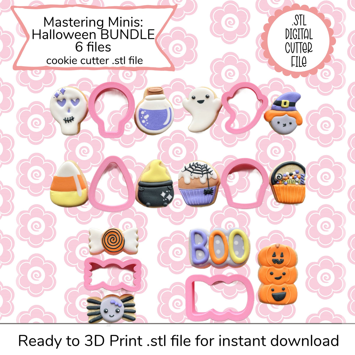 Mastering Minis Halloween cookie decorating class recording with pink plastic skull ghost witch pumpkin candy cutters