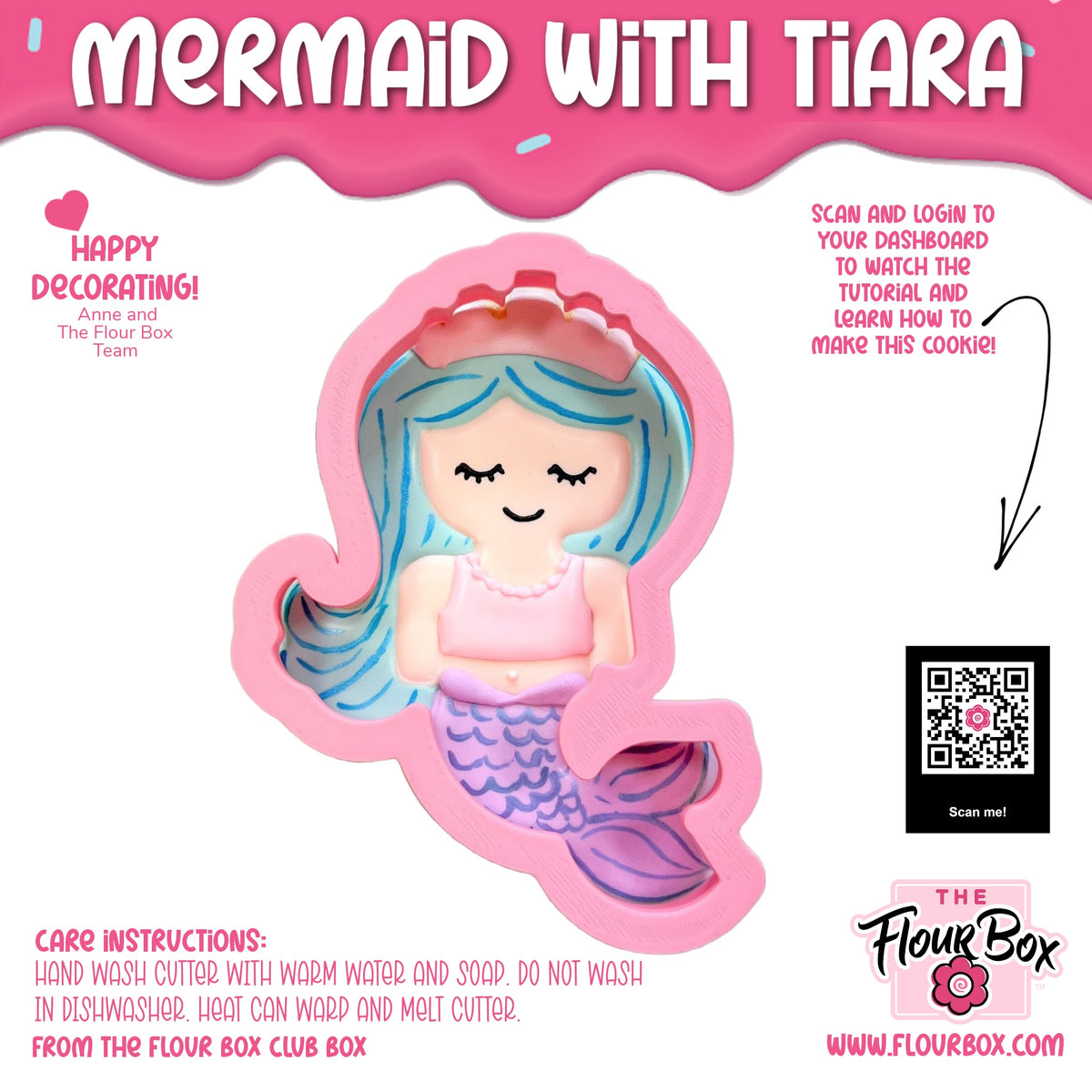 Pink silicone mermaid with tiara flour box club cookie cutter with blue and purple gradient hair and pink top