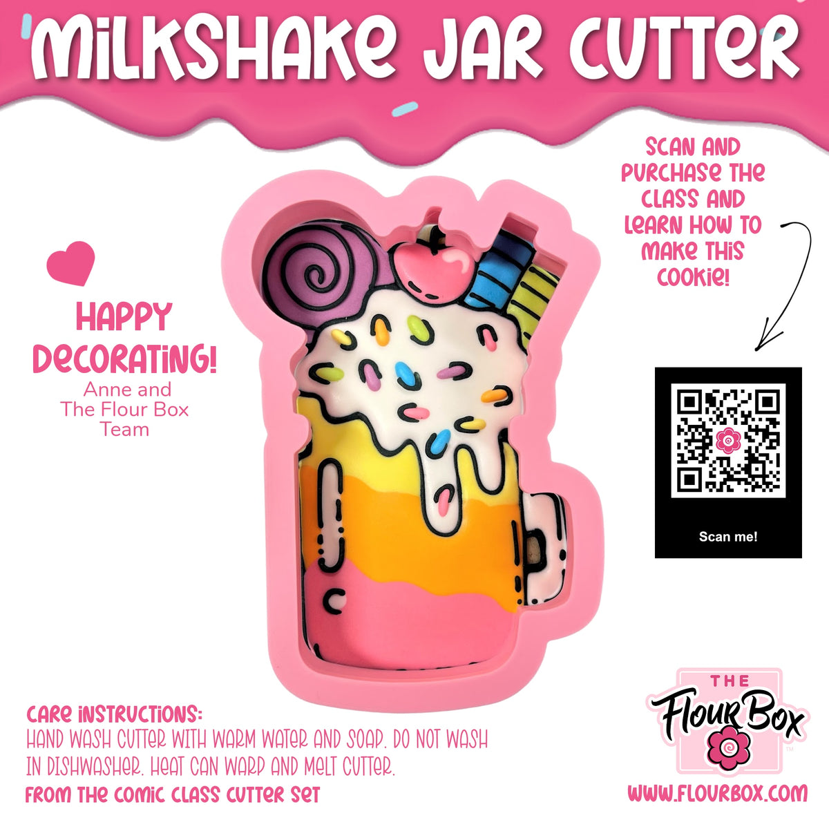 Pink silicone milkshake jar cookie cutter shaped like a colorful rainbow layered dessert with whipped cream topping and candy decorations