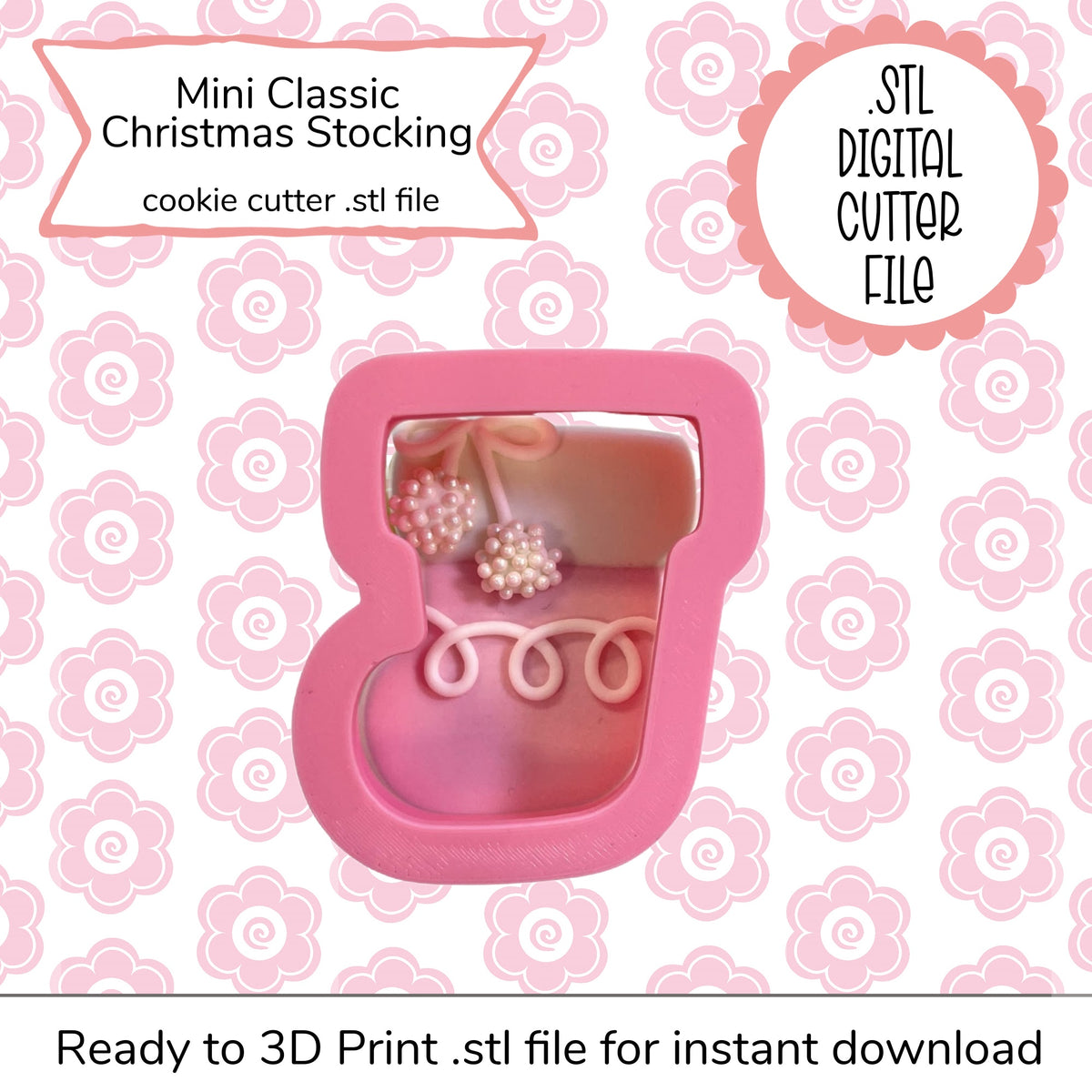 Pink silicone cookie cutter shaped like a classic christmas stocking with decorative details for mini STL file use
