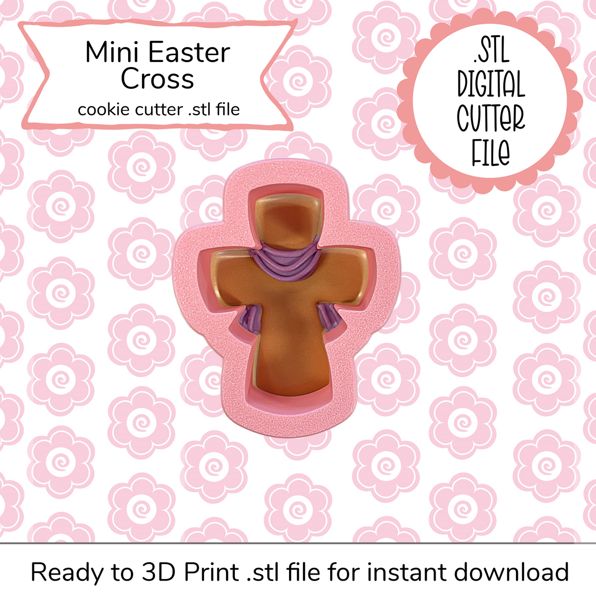 Pink silicone mini easter cross cookie cutter with purple scarf detail for digital stl file design use