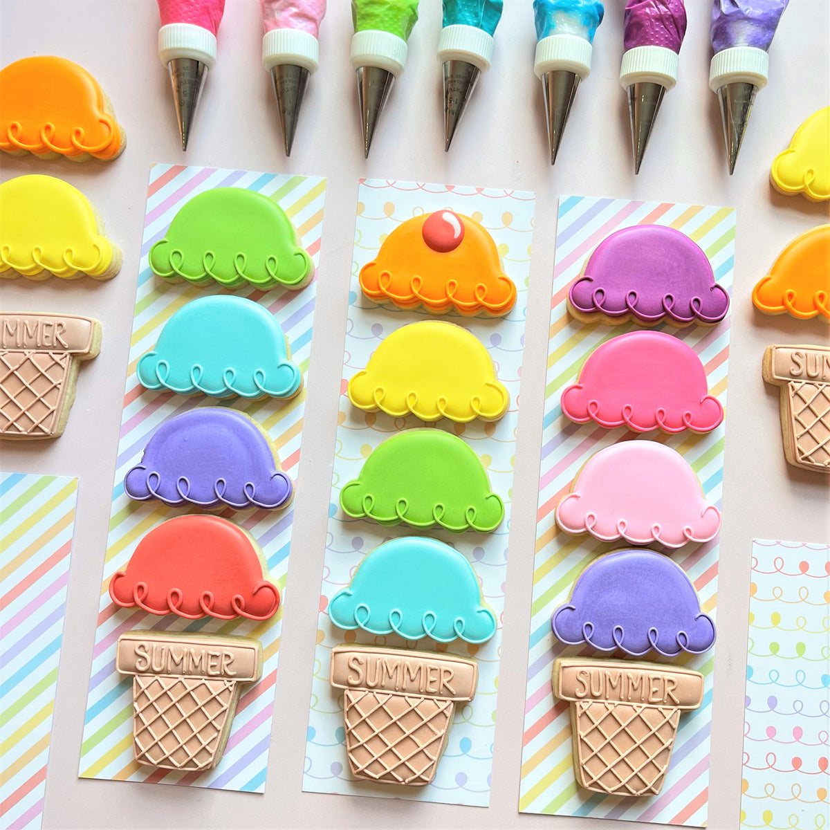 Colorful silicone mini ice cream scoop and cone cookie cutter set with waffle cone bases and summer text design