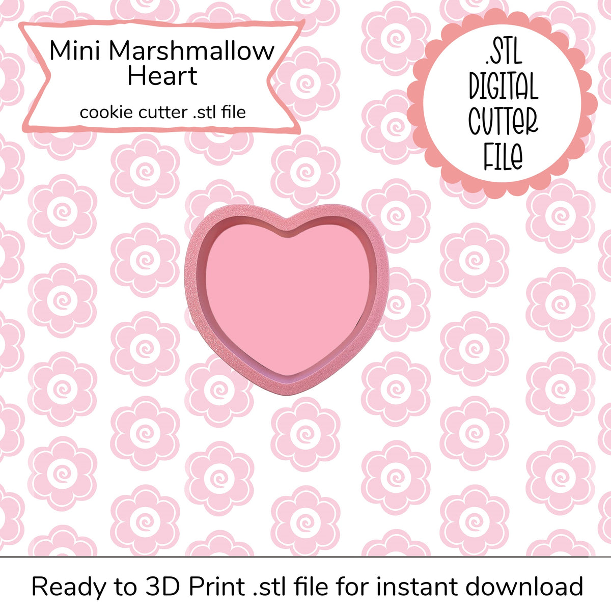 Pink heart-shaped cookie cutter for 3d printing mini marshmallow heart cutter stl file digital design