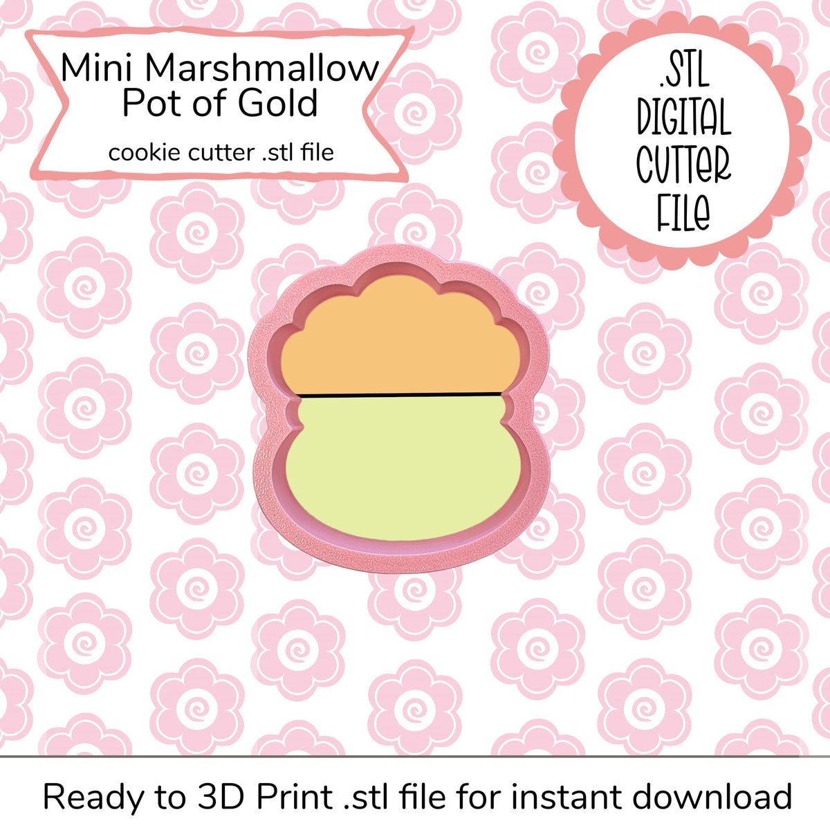 Pink plastic mini marshmallow pot of gold cookie cutter with orange top and light green bottom for baking use