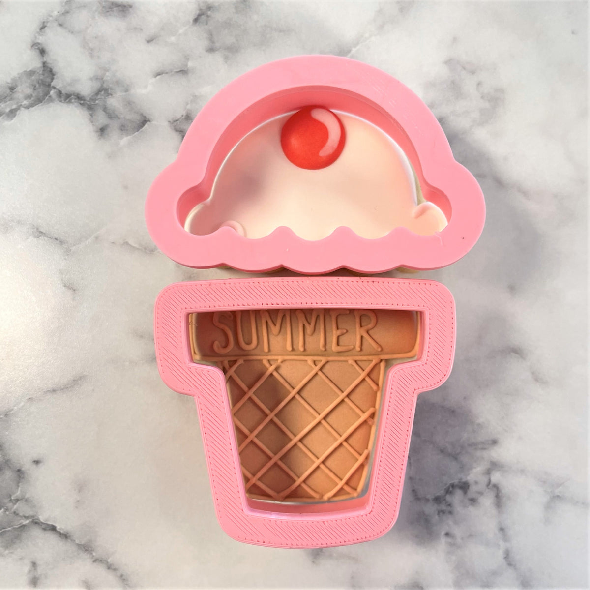 Pink silicone mini ice cream cone mold with waffle pattern and summer embossing for flour box club cookie cutter set
