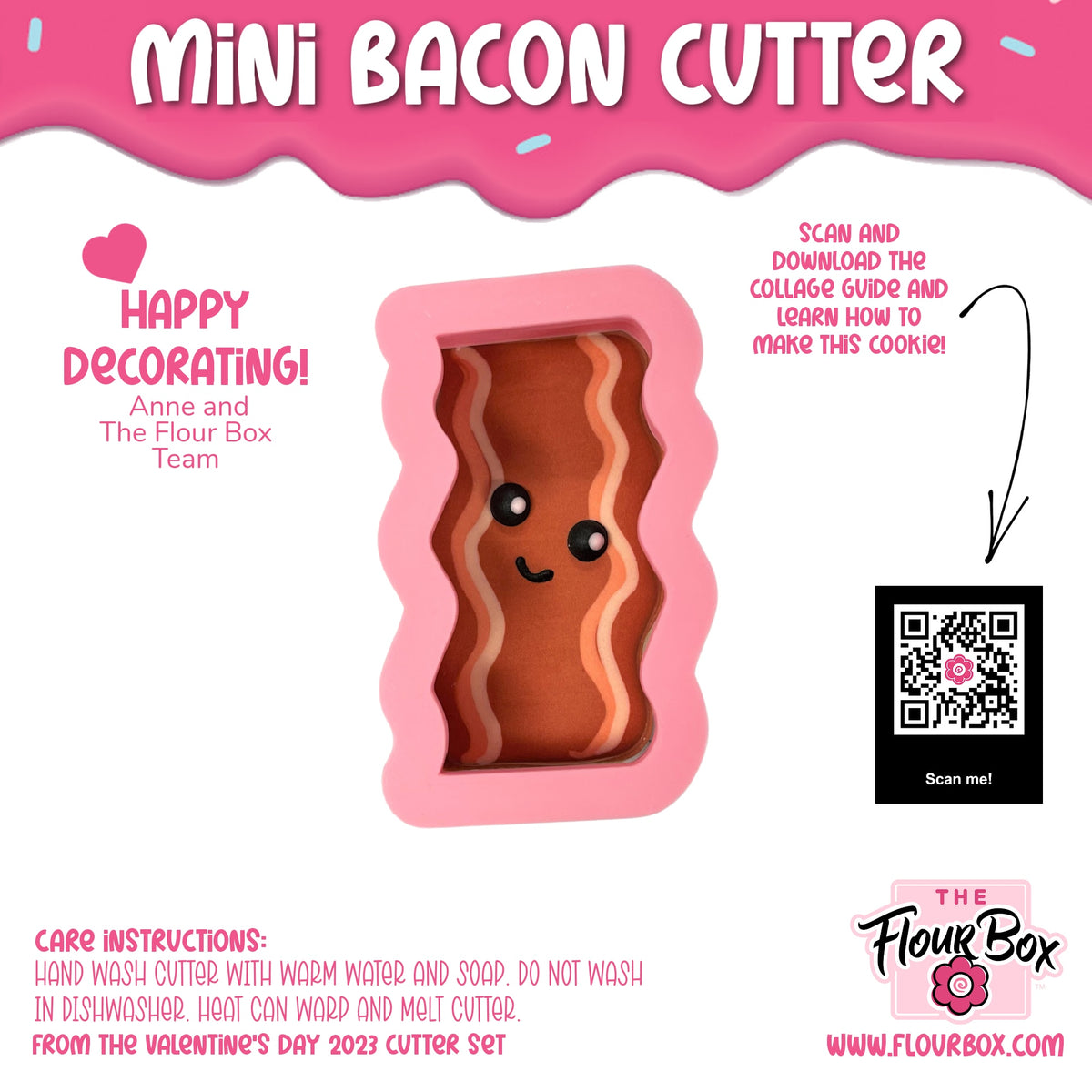 Mini bacon cookie cutter pink silicone with a smiling face and brown wavy cooked bacon design