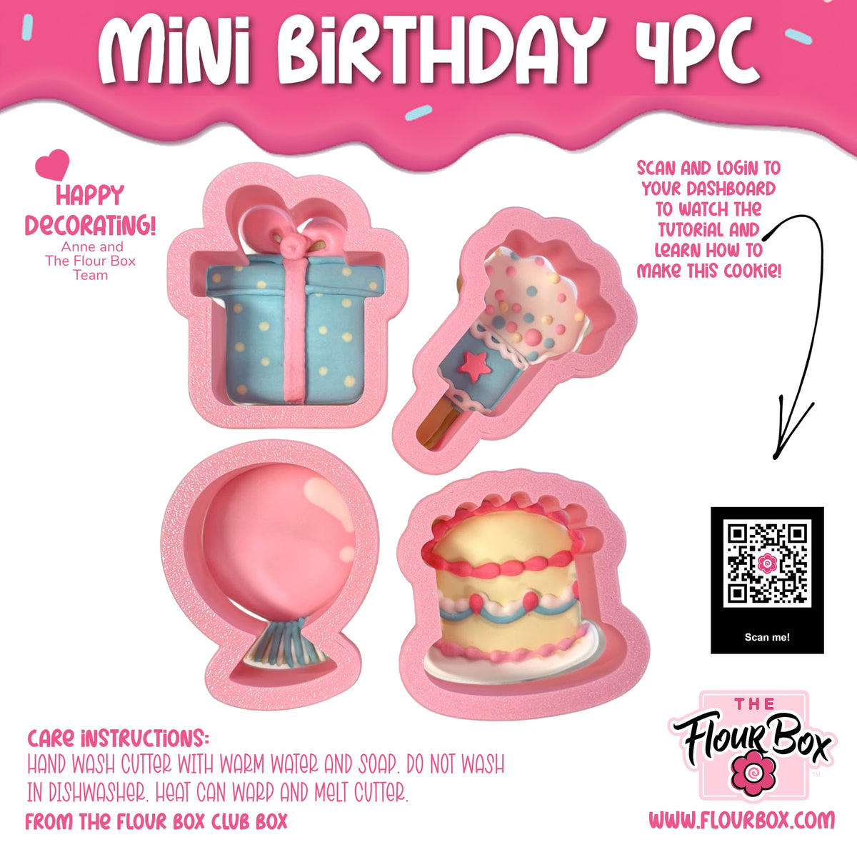 Pink silicone mini birthday 4pc flour box club cookie cutter set with gift box ice cream balloon and cake molds