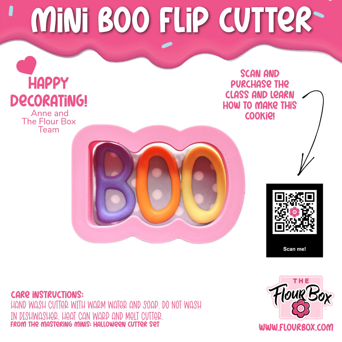 Mini boo cookie flip cutter in pink silicone with colorful purple orange and yellow lettered slots for baking use
